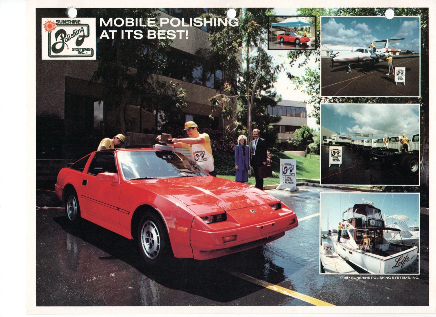 Original Sunshine Polishing brochure featuring a red sports car and detailing photographs