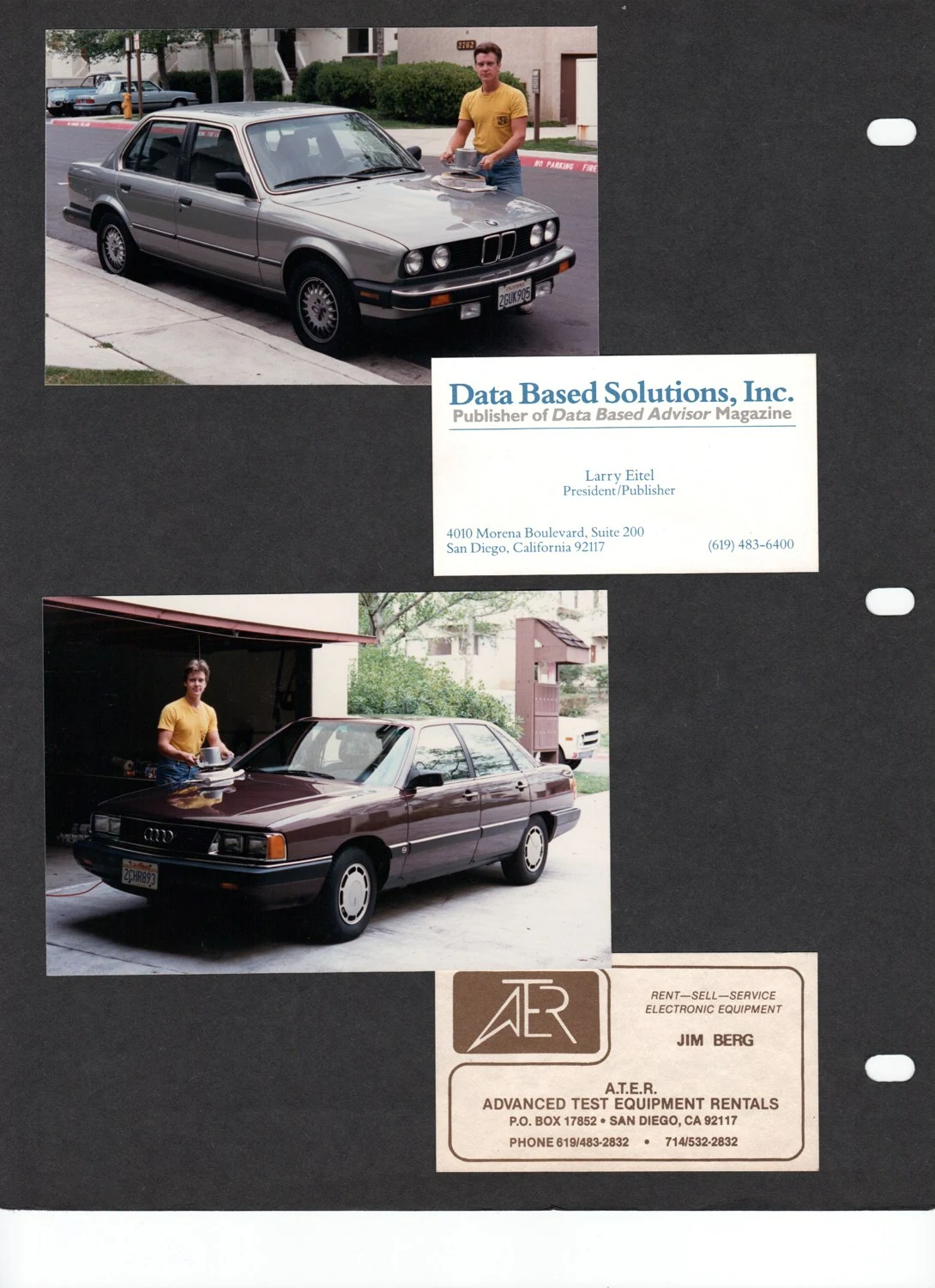 Original black portfolio page with two car photographs and customer business cards